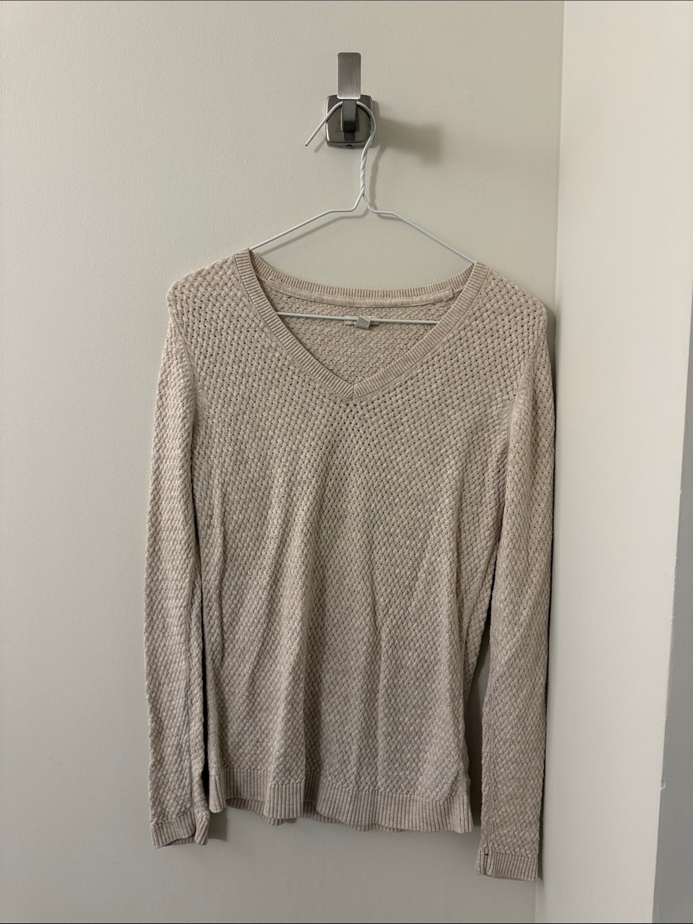 V-Neck Woven Sweater in Light Beige